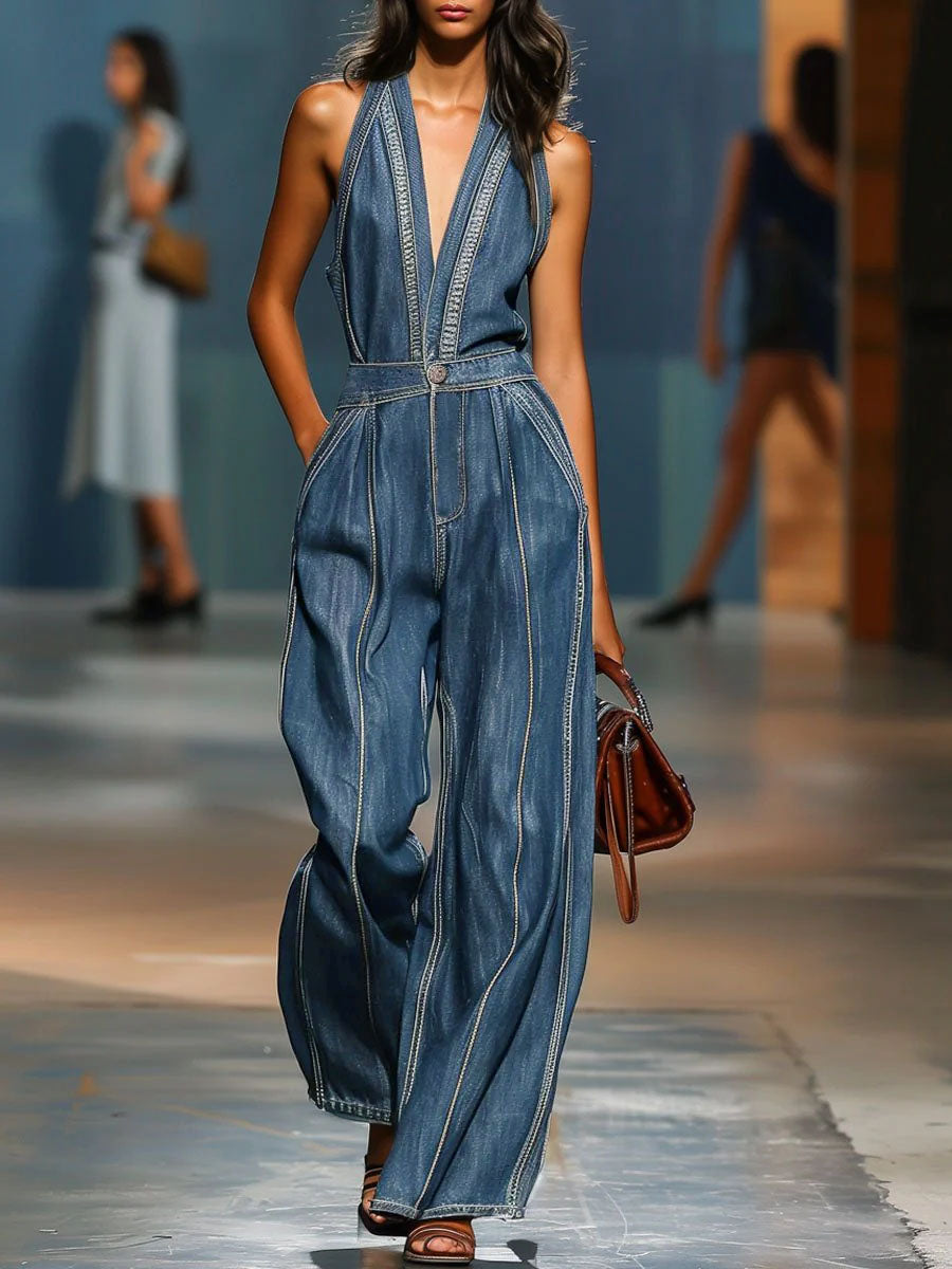 Women's V-neck Sleeveless Casual Loose Denim Jumpsuit With Wide Legs