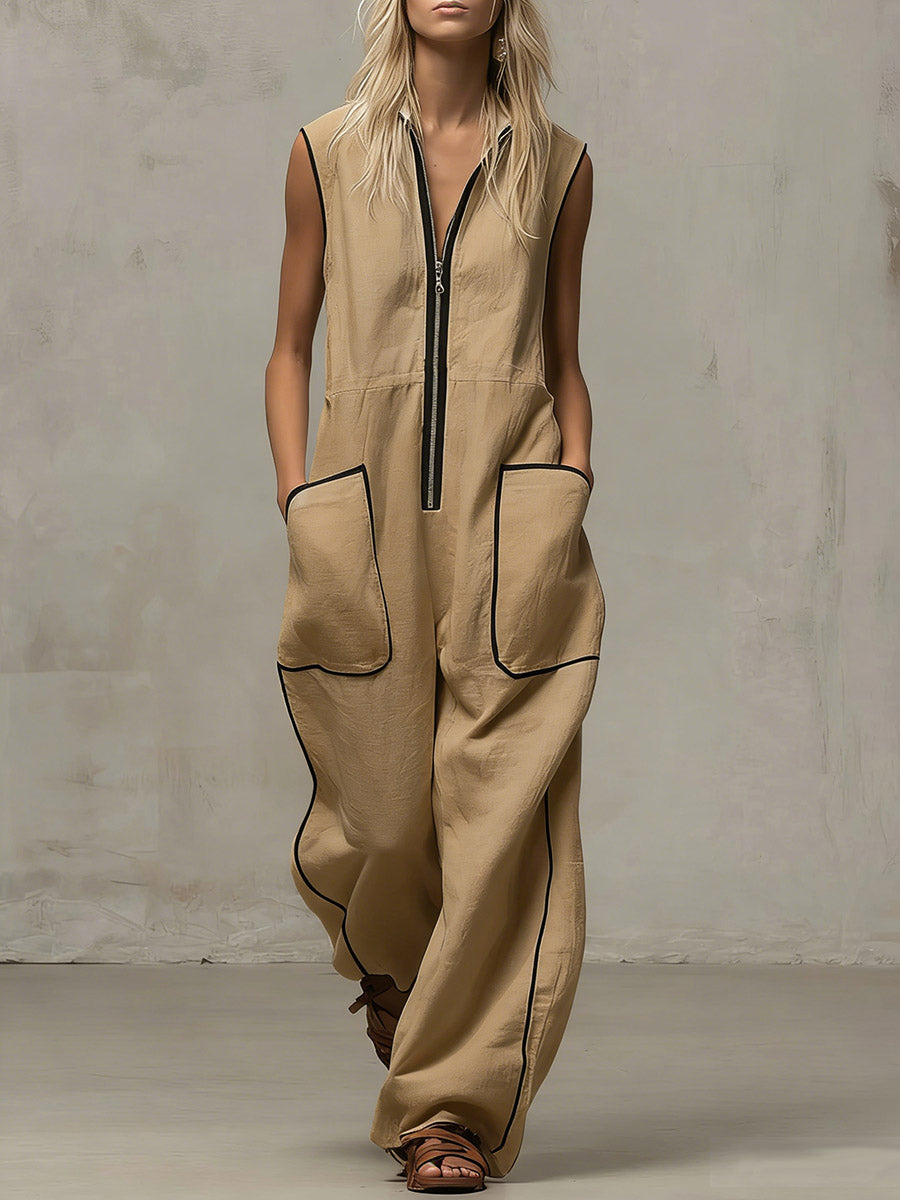 Women's V-neck Sleeveless Casual Loose Wide-leg Cotton And Linen Jumpsuit