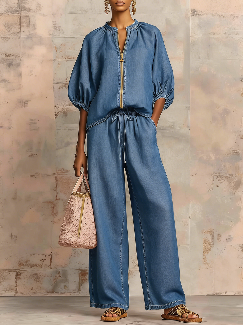 Cozy Stylish Zip-up Top And Wide-leg Jeans Set