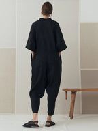 V-Neck Cotton And Linen Solid Color Jumpsuit