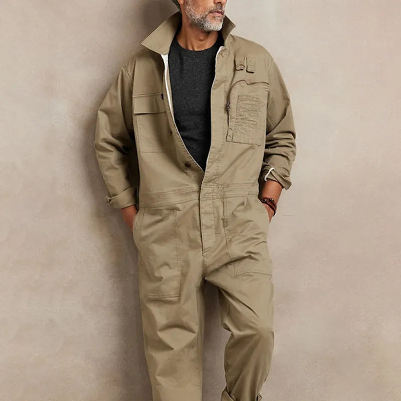 Vintage Single Breasted Lapel Long Sleeve Cotton Loose Jumpsuit