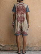 Women's Retro-print V-neck Short-sleeve Jumpsuit â Loose-fit Cotton-linen Wide-leg Casual Romper