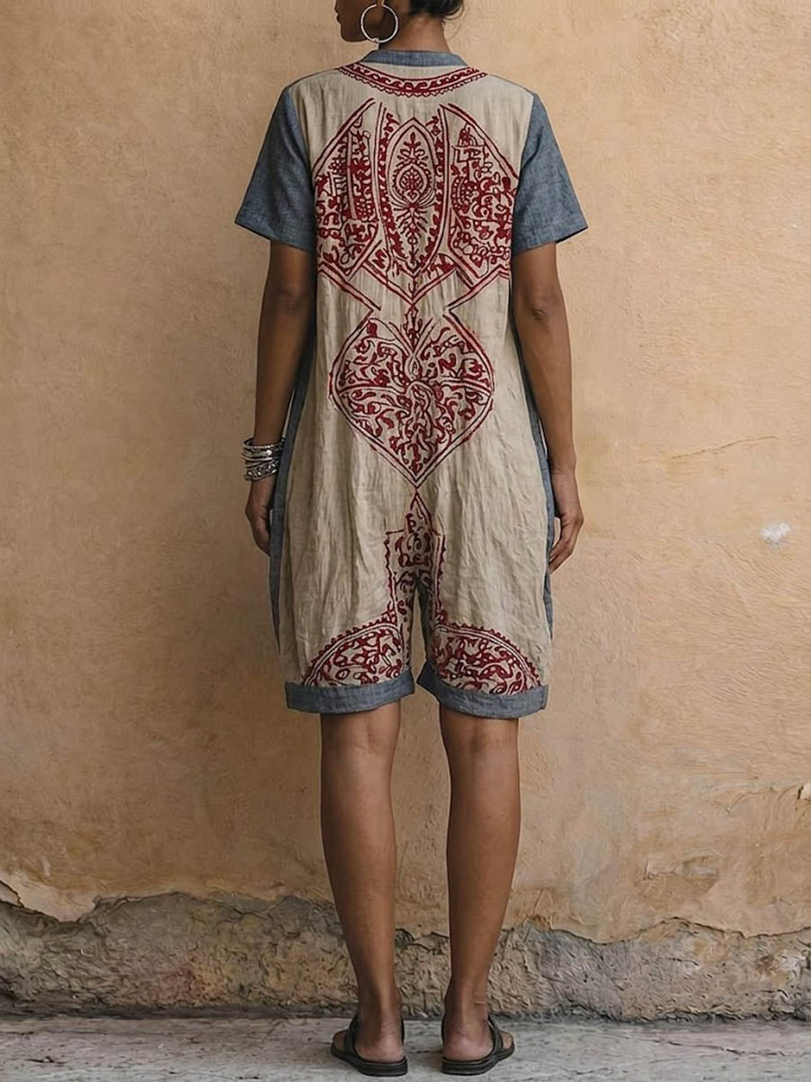 Women's Retro-print V-neck Short-sleeve Jumpsuit â Loose-fit Cotton-linen Wide-leg Casual Romper
