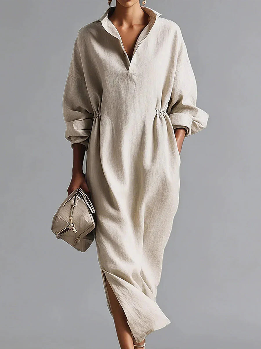 Women's Solid Color Lapel Long-sleeved Casual Loose Cotton Dress