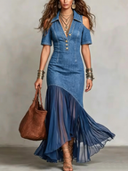 Stylish Polo-collar Denim Maxi Dress With Organza Paneling
