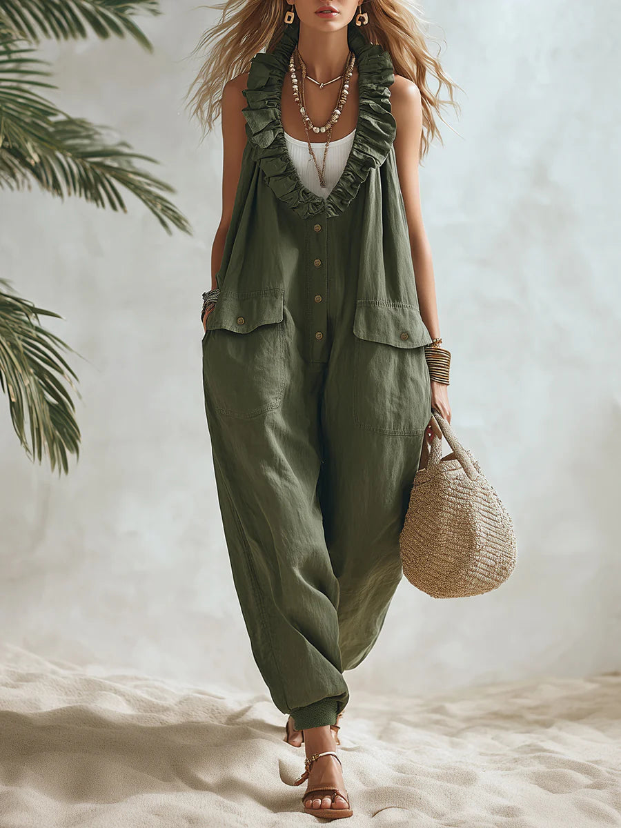 Casual Linen And Cotton Ruffled Collar Jumpsuit