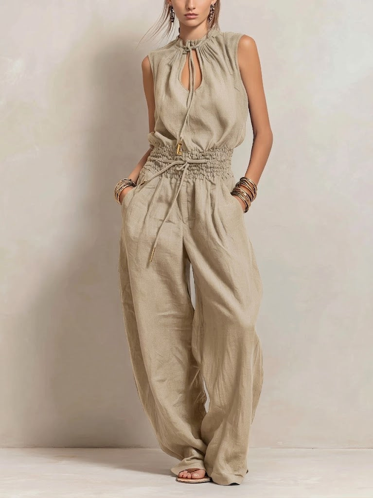 Casual Linen And Cotton Sleeveless Tie-waist Jumpsuit