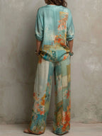 Women's Printed Set: V-neck 3/4-sleeve Top & High-waisted Wide-leg Pants