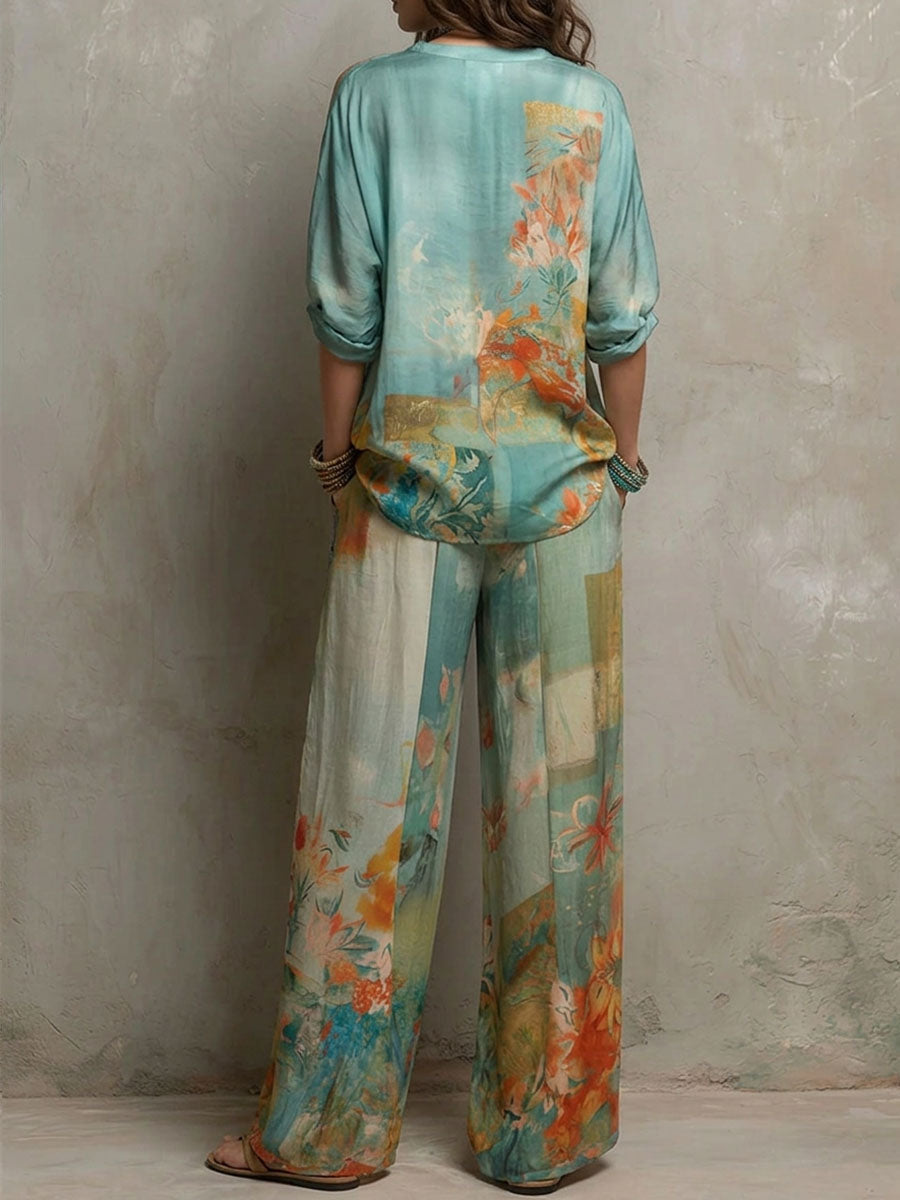 Women's Printed Set: V-neck 3/4-sleeve Top & High-waisted Wide-leg Pants