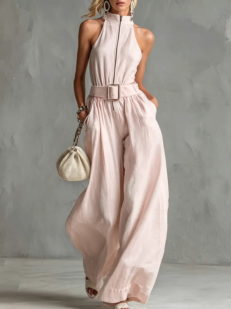 Women's Minimalist Design Cotton-Linen Halter Jumpsuit