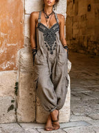 Women's V-neck Sleeveless Wide-leg Jumpsuit â Casual, Loose-fit Cotton-linen Blend With Placement Print