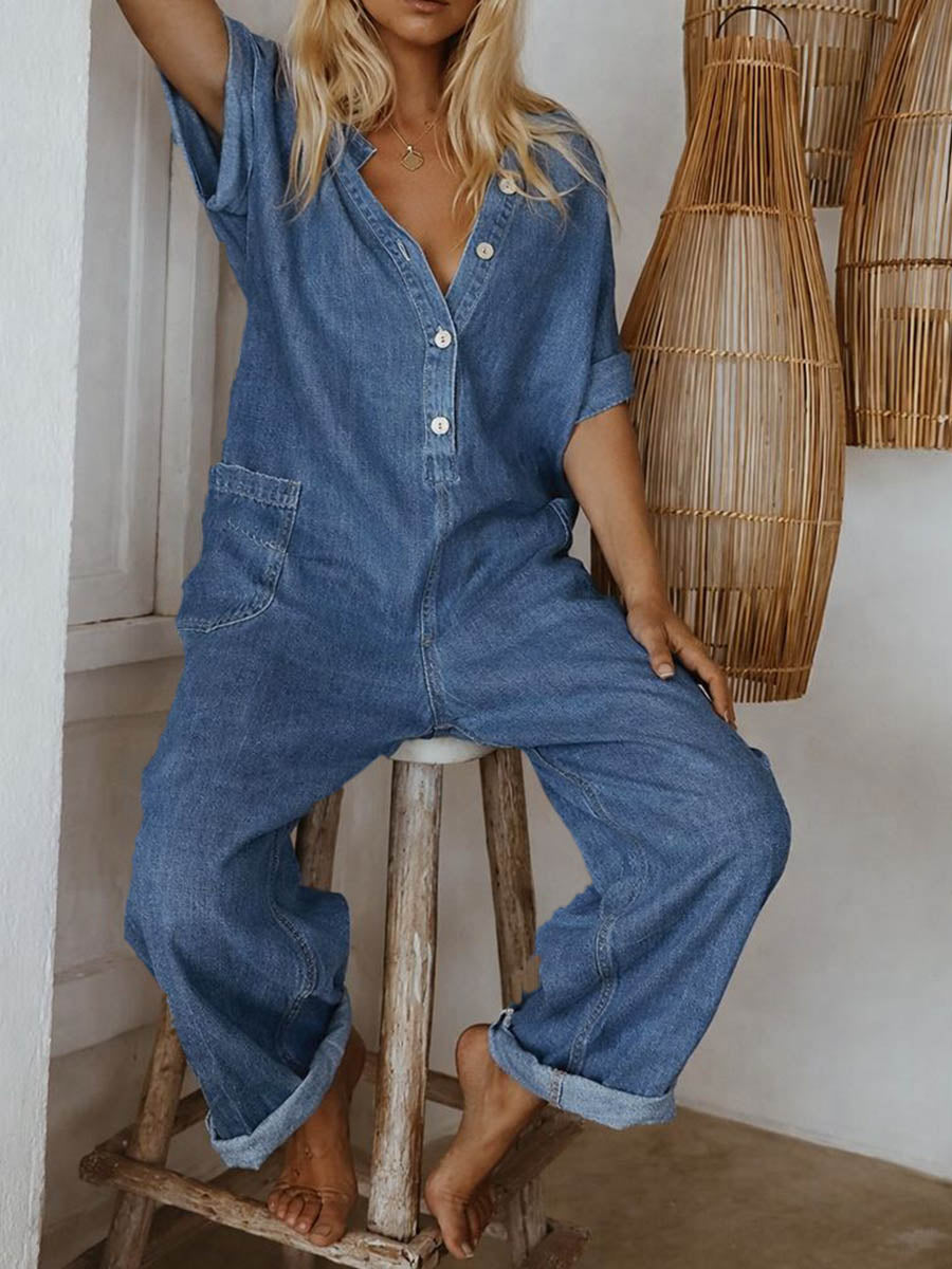 Women's Round Neck Short-sleeved Casual Loose Denim Wide-leg Jumpsuit