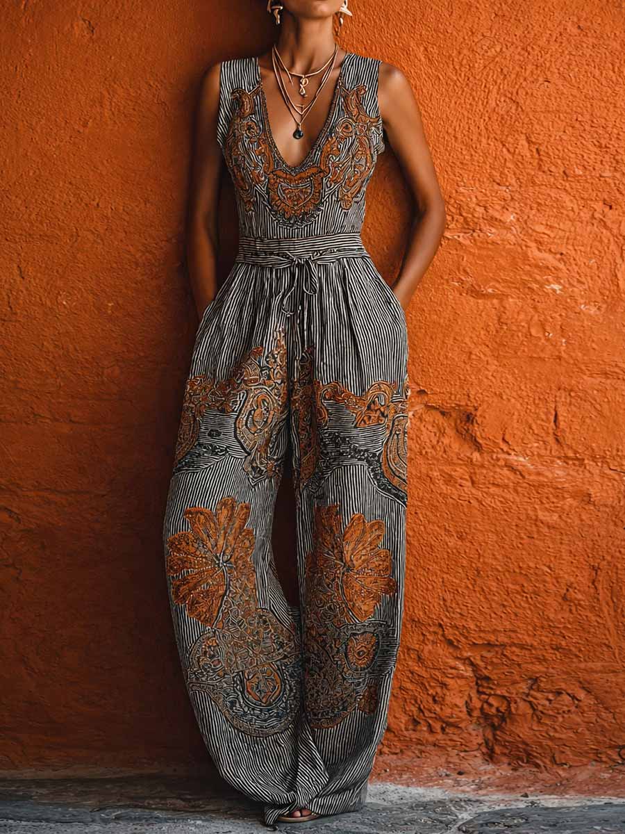 Women's V-neck Sleeveless Casual Loose Retro Striped Cotton-linen Wide-leg Jumpsuit