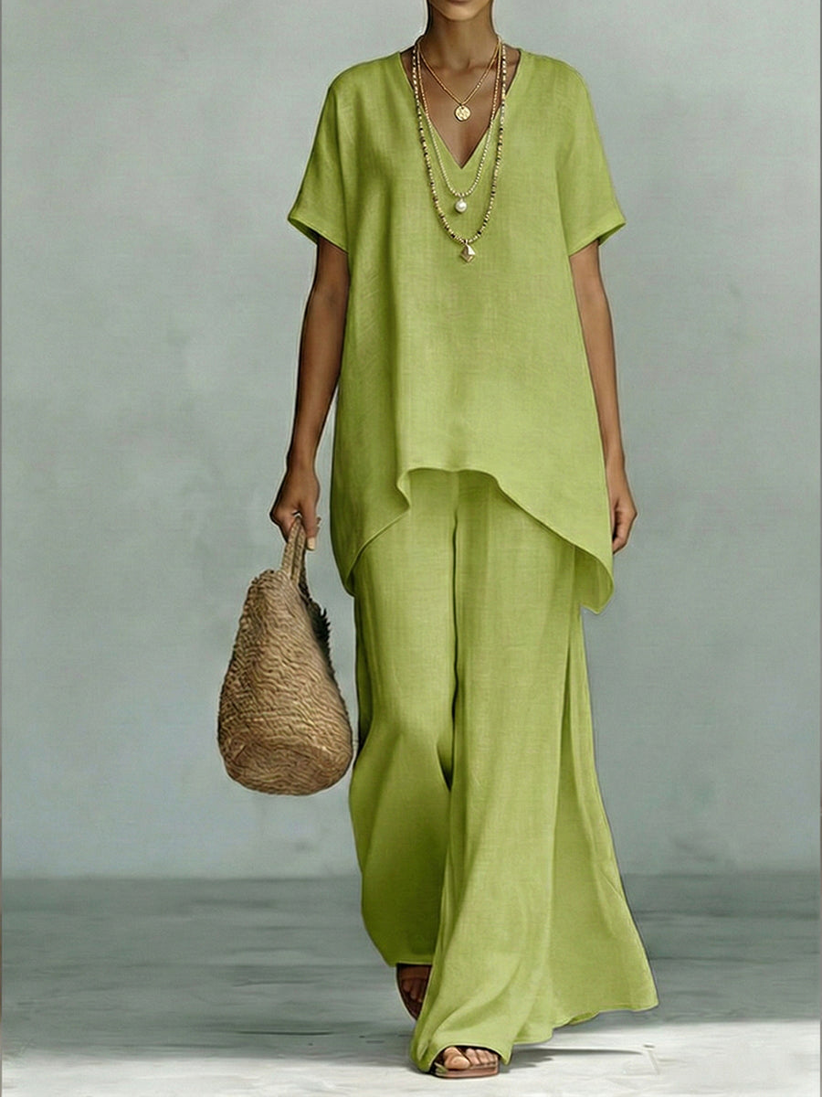 Classic Casual Short-sleeved Linen And Cotton Top And Wide-leg Pants Two-piece Set