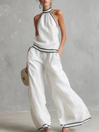 Women's Stand-up Collar Sleeveless Casual Loose Cotton And Linen Top With Elastic Waist And Wide-leg Pants Cotton And Linen Set