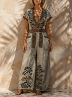 Free-spirited Bohemian Retro Print Loose Cotton-Linen Jumpsuit