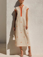 Women's V-neck Short-sleeve Casual Loose Cotton-linen Dress