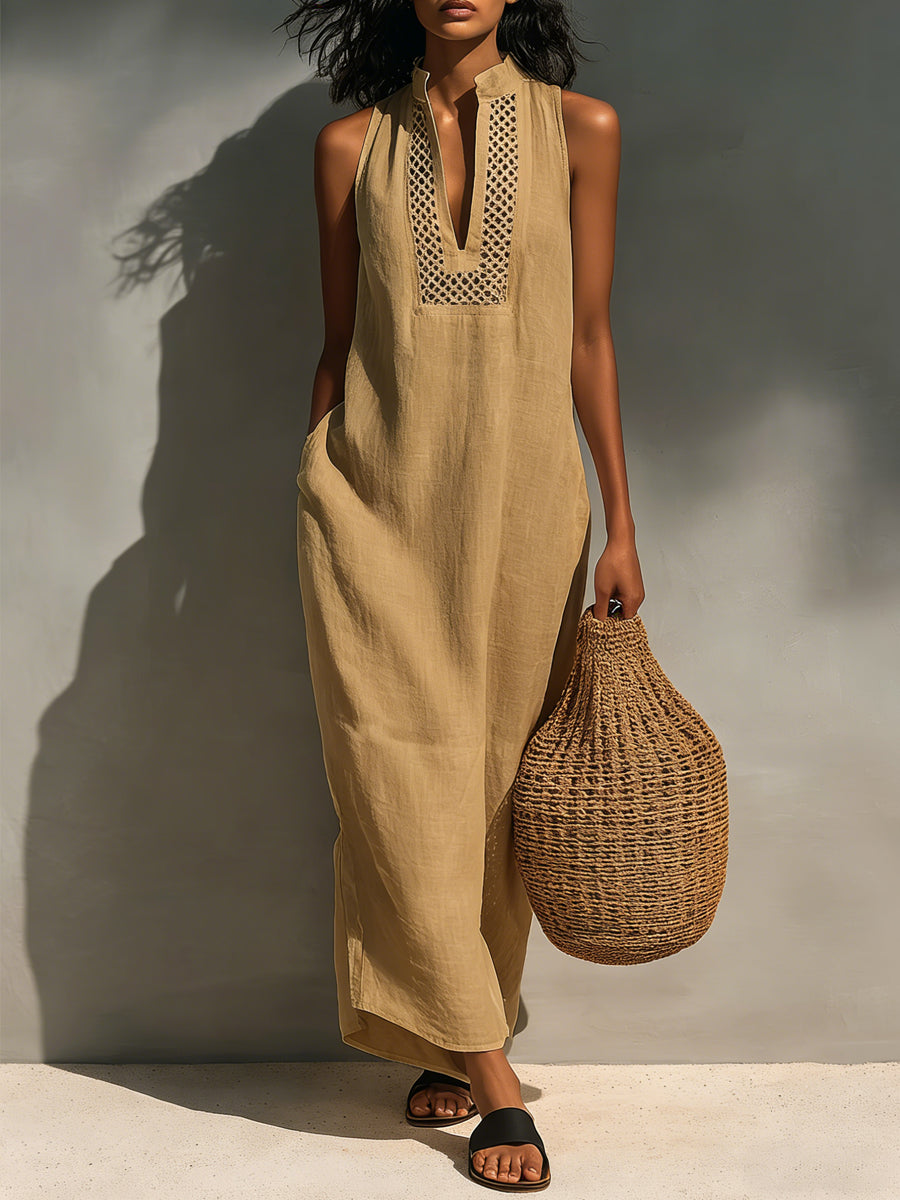 Women's Minimalist Sleeveless Maxi Dress With Cutout Neckline
