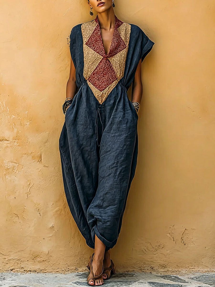 Women's V-neck Sleeveless Casual Loose Cotton-linen Jumpsuit With Placement Print