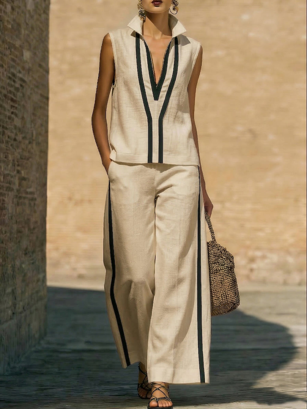 Elegant Trimmed Edge Color-blocked Cotton Linen Two-piece Set