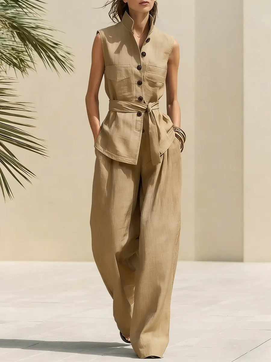 Casual Vacation Light Cotton And Linen Top And Wide-leg Pants Set
