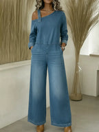 Women's Fashionable Off-the-shoulder Denim Jumpsuit