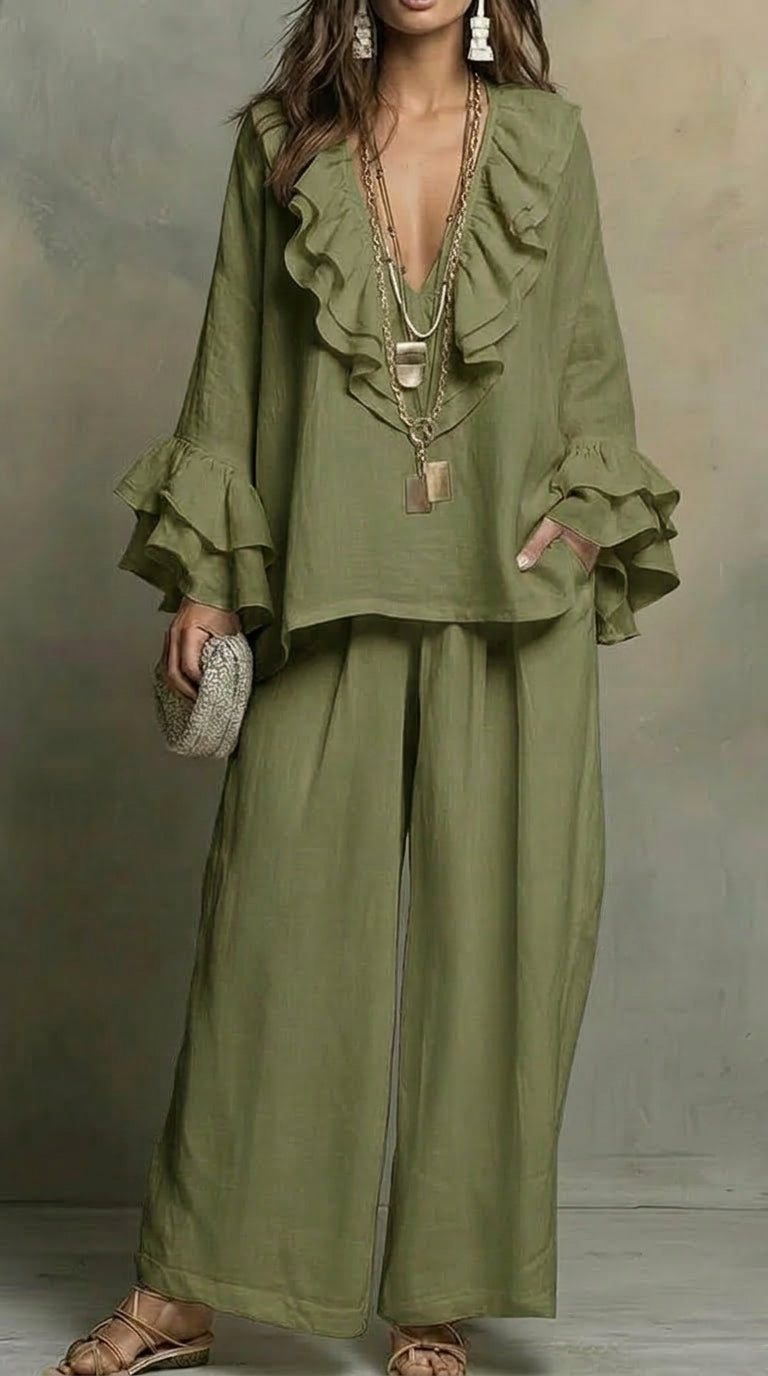Women's Flowy V-neck Ruffled Cotton-linen Top And Wide-leg Pants Two-piece Set