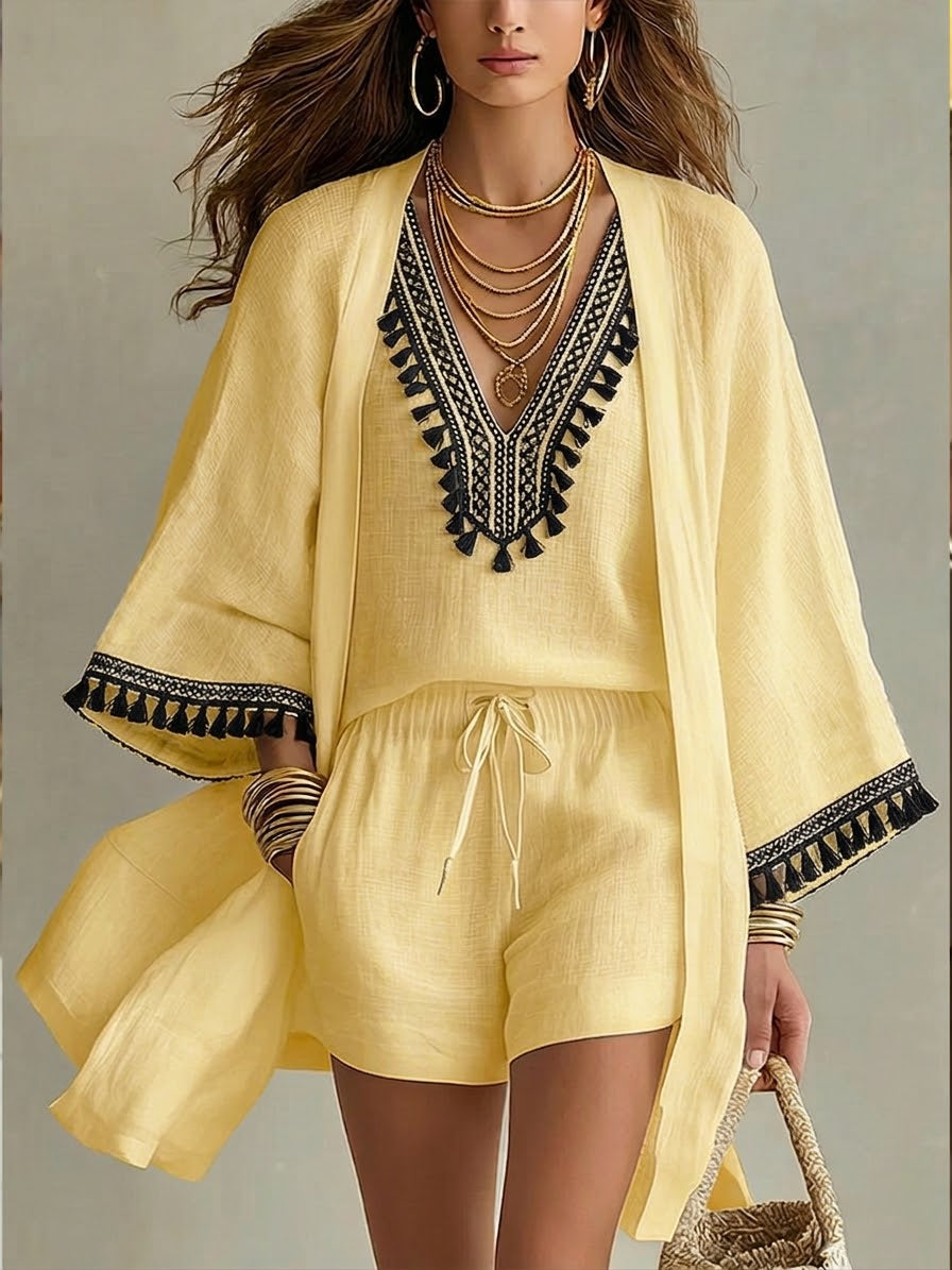 Casual Bohemian Linen And Cotton Cardigan, Sleeveless Top, And Shorts Three-piece Set