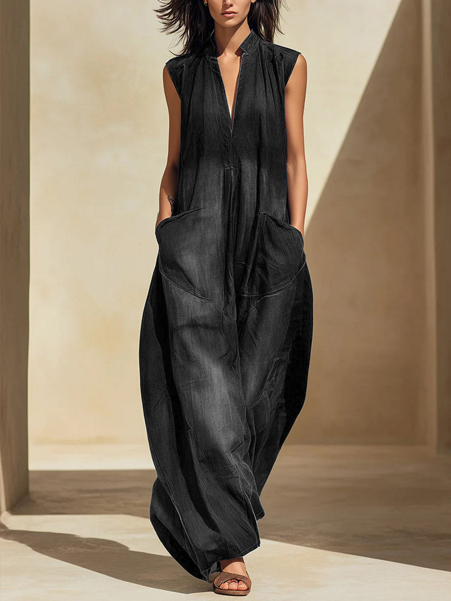 Women's V-neck Sleeveless Casual Loose-fit Denim Wide-leg Jumpsuit