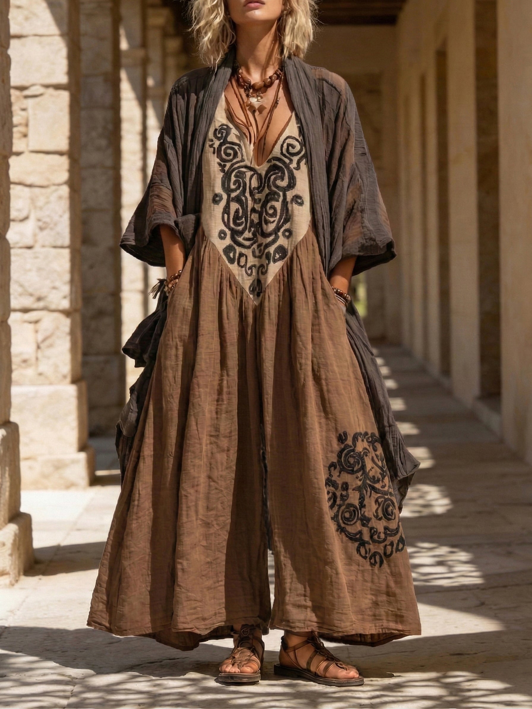 Boho Loose Jumpsuit And Cardigan Linen Cotton Jtwo-piece Set