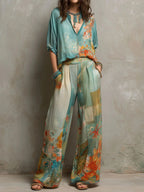 Women's Printed Set: V-neck 3/4-sleeve Top & High-waisted Wide-leg Pants