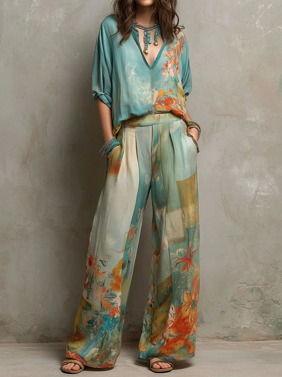 Women's Printed Set: V-neck 3/4-sleeve Top & High-waisted Wide-leg Pants