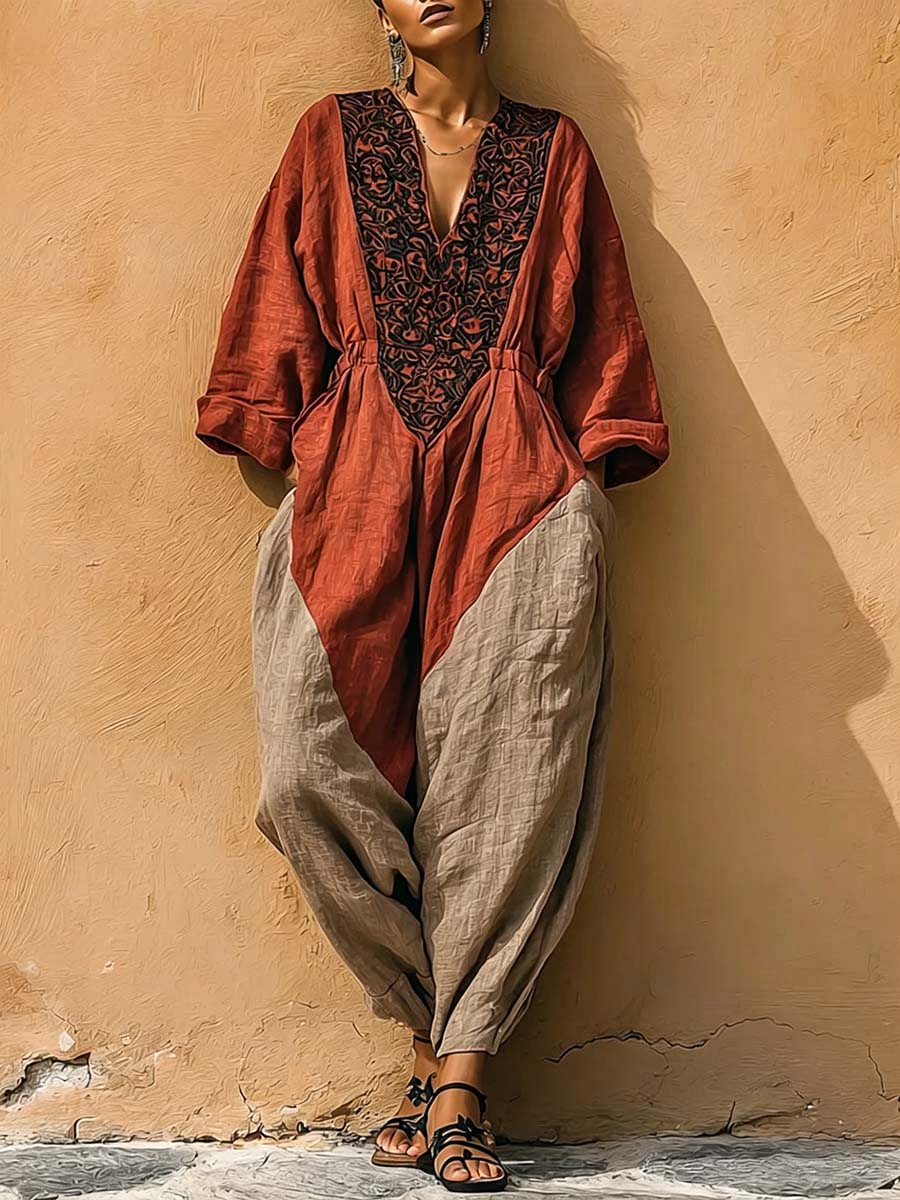Women's V-neck Long-sleeve Casual Loose Cotton-linen Jumpsuit With Contrast Print