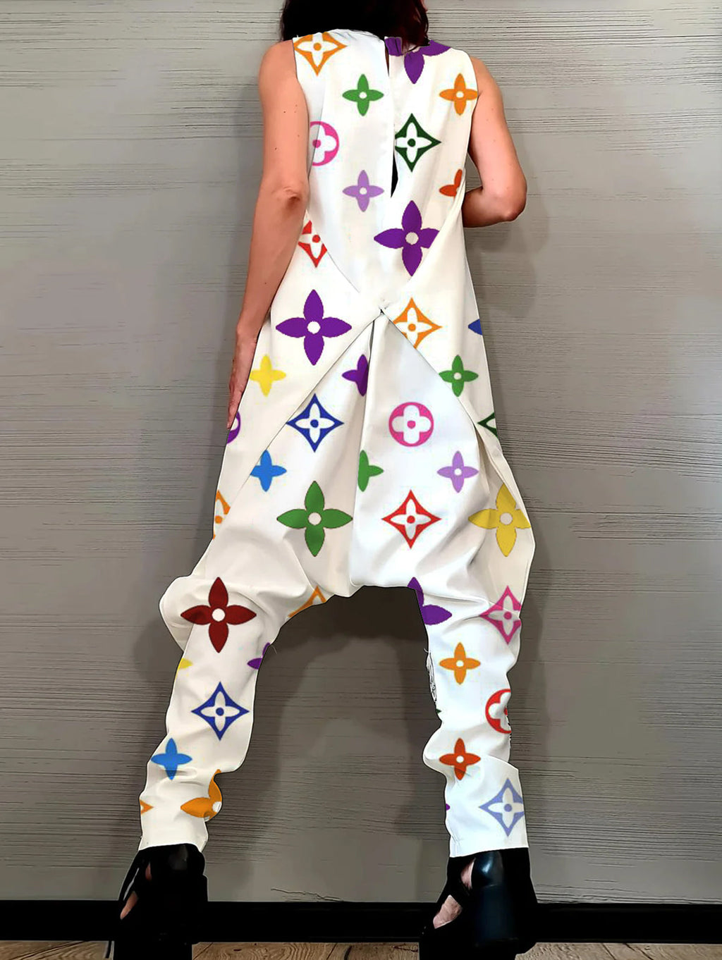 Fashion Plain Sleeveless Asymmetrical Harem Pants Tank Jumpsuit