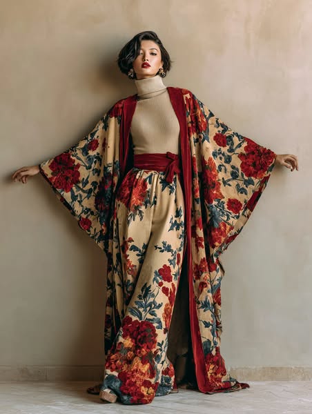Women's Elegant Red Vintage Printed Robe Pants Set