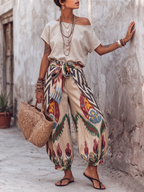 Boho Off-shoulder Top And Ikat Wrap Harem Pants Two-piece Set