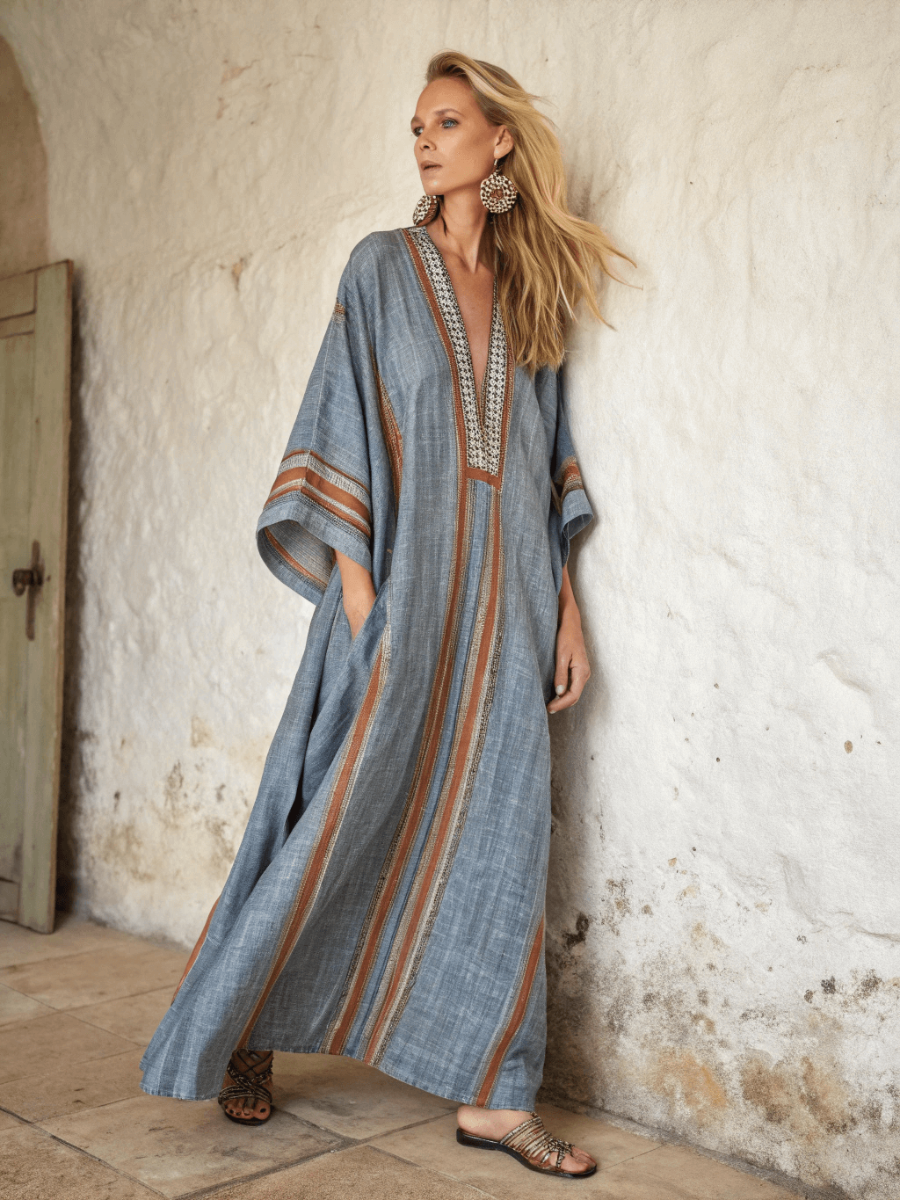 Linen Printed Kaftan Maxi Dress