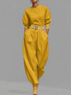 Casual Linen And Cotton Crew-neck Shirt And High-waisted Tapered Trousers Two-piece Set.
