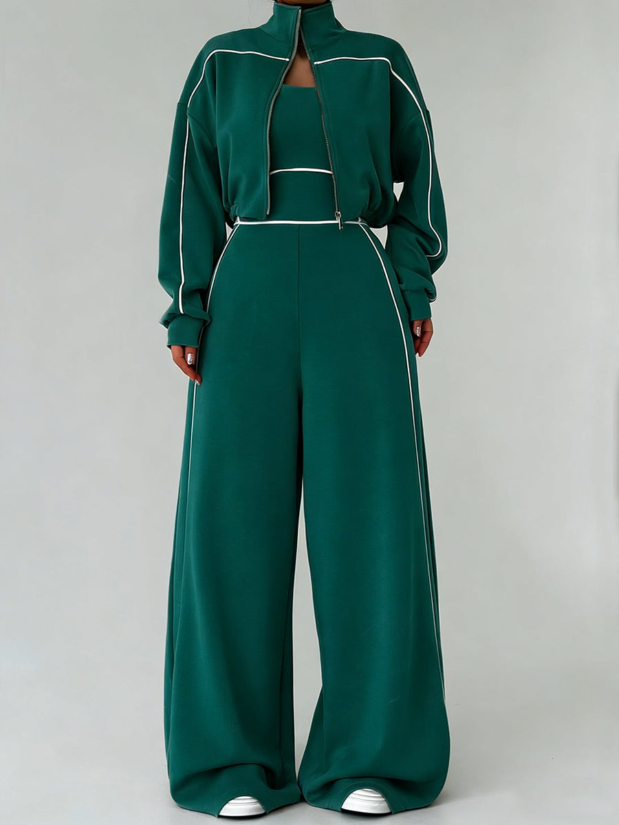 Casual And Cozy Cotton Zip-up Jacket And Jumpsuit Two-piece Set