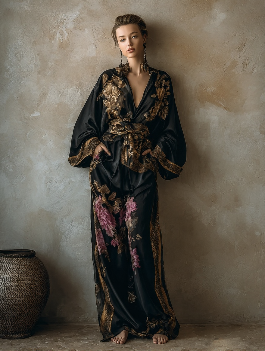 Women's Elegant V-Neck Slim Top & Loose Trousers Floral Print Gorgeous Vintage Silk Set