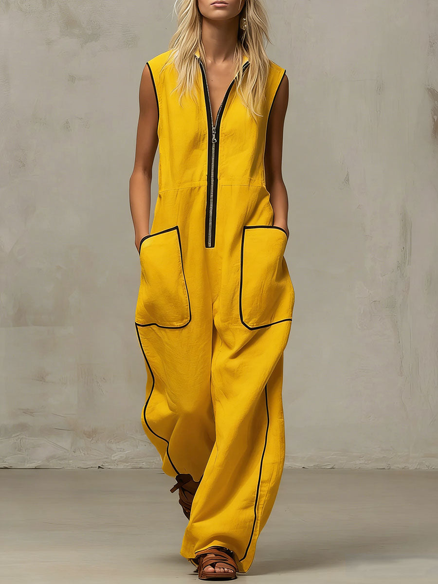 Women's V-neck Sleeveless Casual Loose Wide-leg Cotton And Linen Jumpsuit