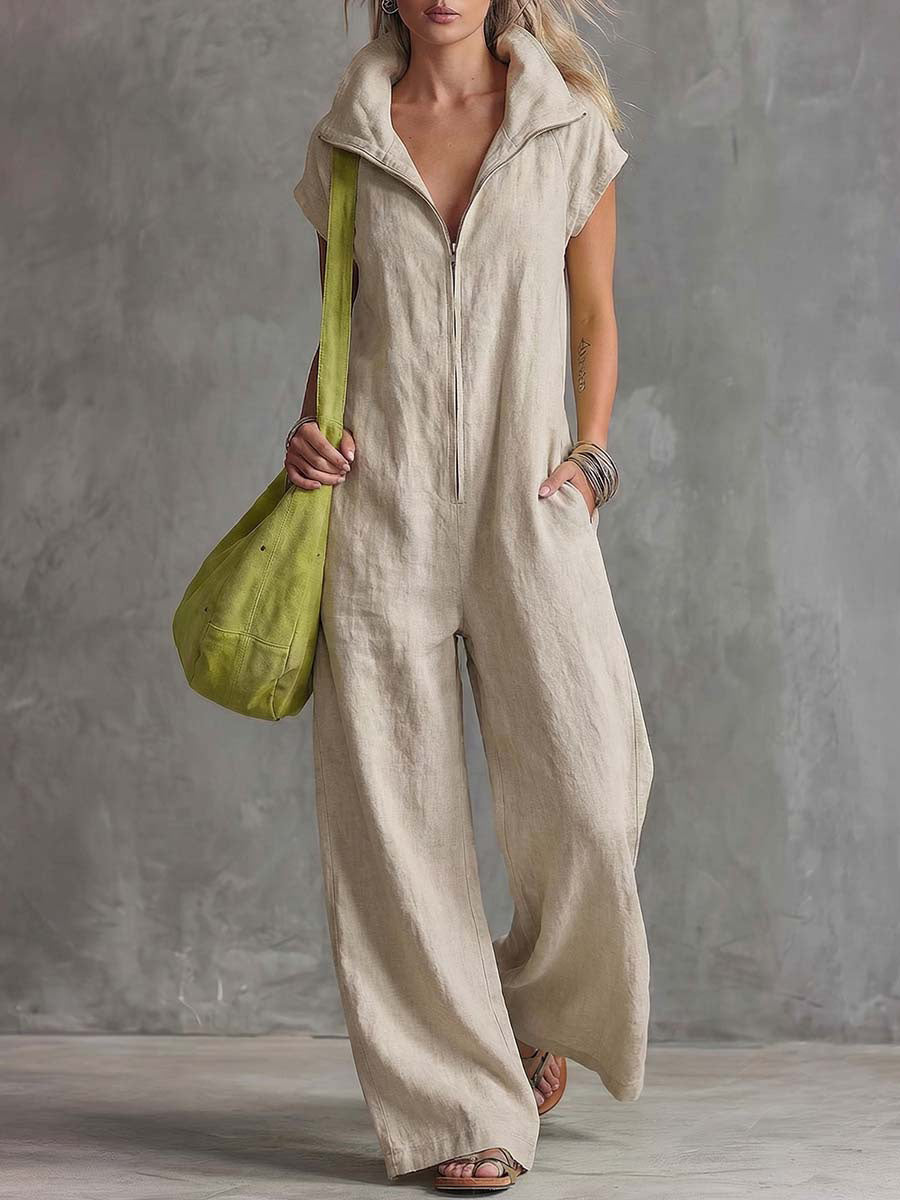 Women's Solid-color Lapel Short-sleeve Casual Loose Cotton-linen Wide-leg Jumpsuit