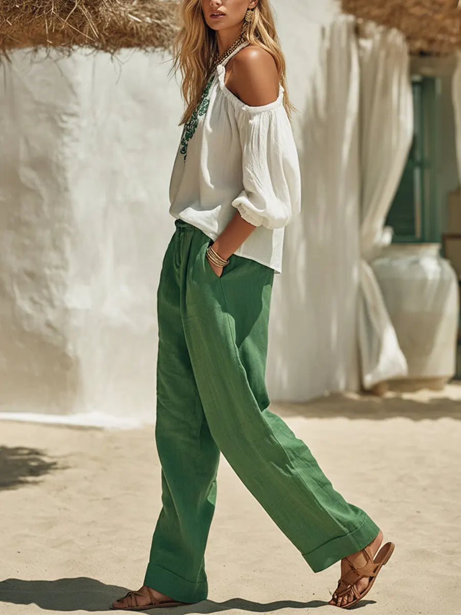 Women's Casual Vacation Embroidered White Halter Top And Green Wide-leg Pants Set