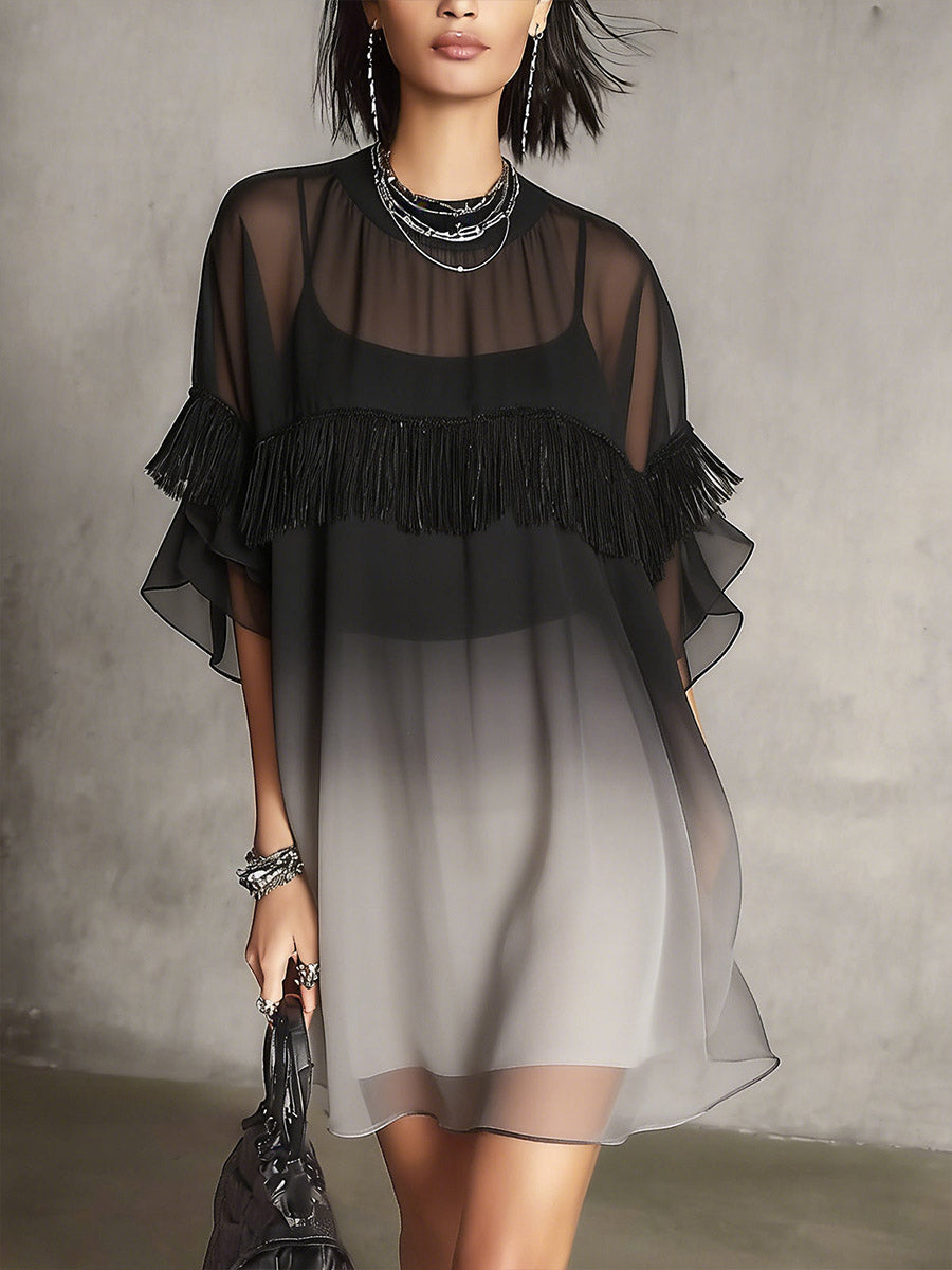 Women's Round-neck 3/4-sleeve Casual Loose-fit Gradient Chiffon Two-piece Dress