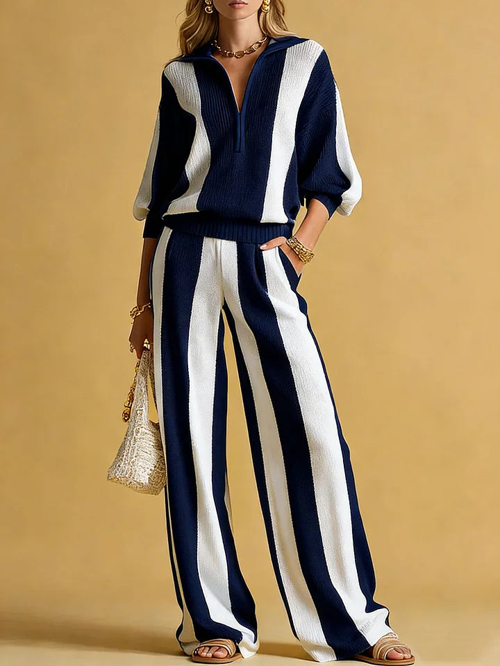Women's Striped Print Cardigan Collar Three-quarter Sleeve Knitted Top And High-waisted Casual Loose Wide-leg Pants Knitted Set.