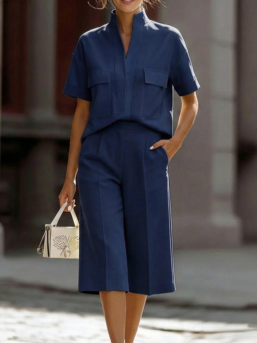 Women's V-neck Short-sleeved Casual Loose Cotton Linen Top And High-waisted Casual Loose Wide-leg Pants Cotton Linen Set