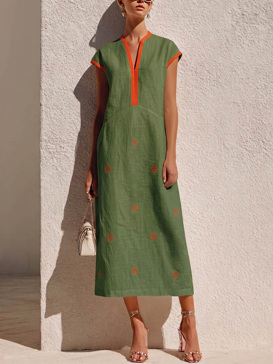 Women's V-neck Short-sleeve Casual Loose Cotton-linen Dress