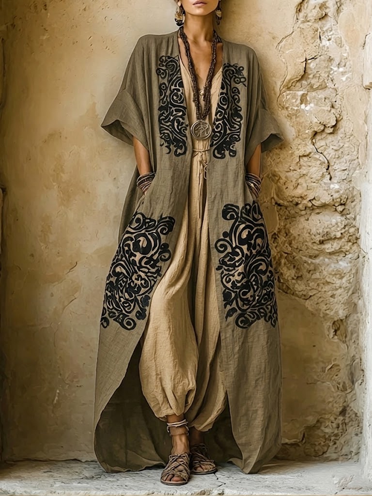 Bohemian Ethnic Print Linen & Cotton Two-Piece Set: Long Cardigan and Sleeveless Jumpsuit