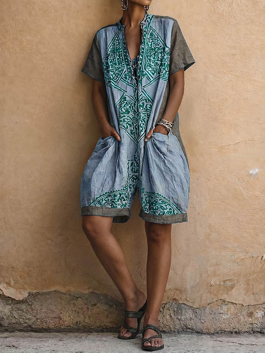 Women's Retro-print V-neck Short-sleeve Jumpsuit â Loose-fit Cotton-linen Wide-leg Casual Romper