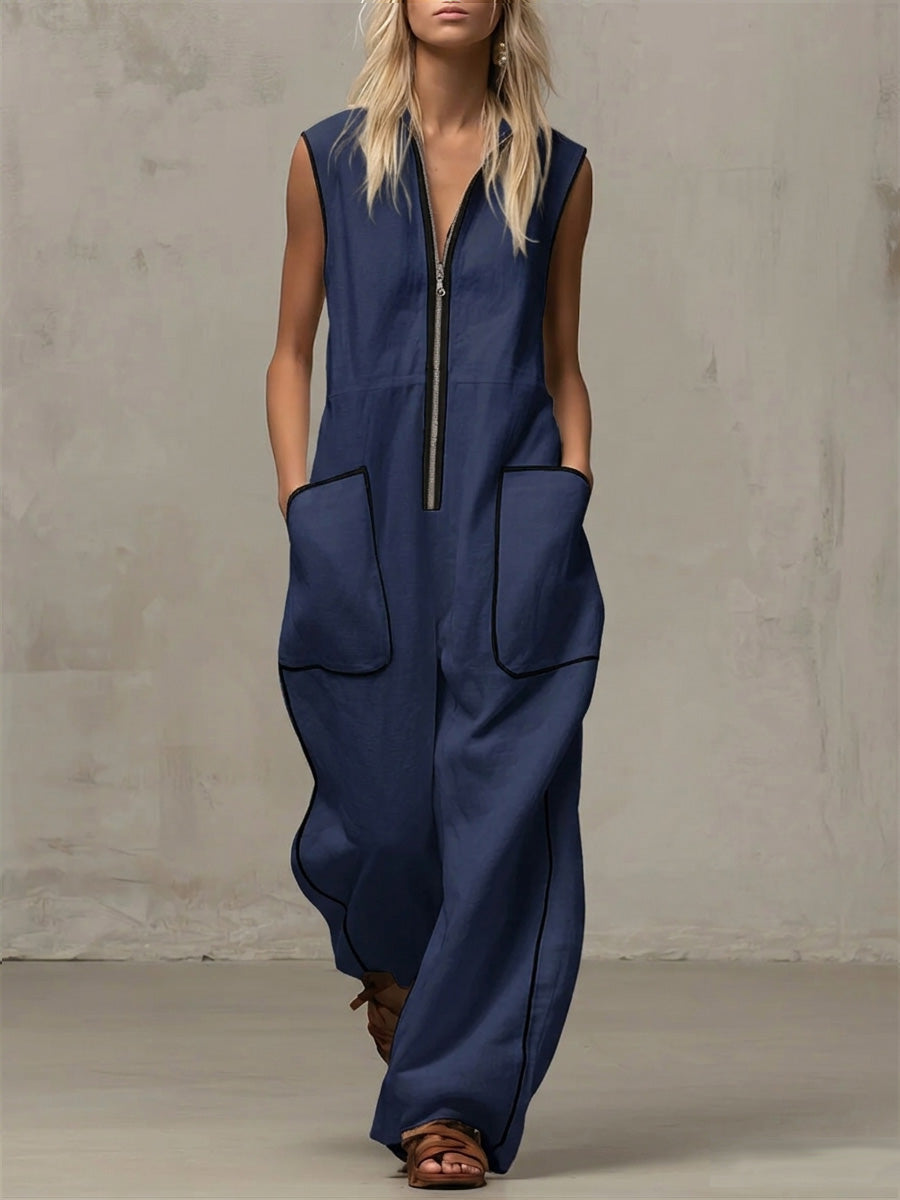 Women's V-neck Sleeveless Casual Loose Wide-leg Cotton And Linen Jumpsuit